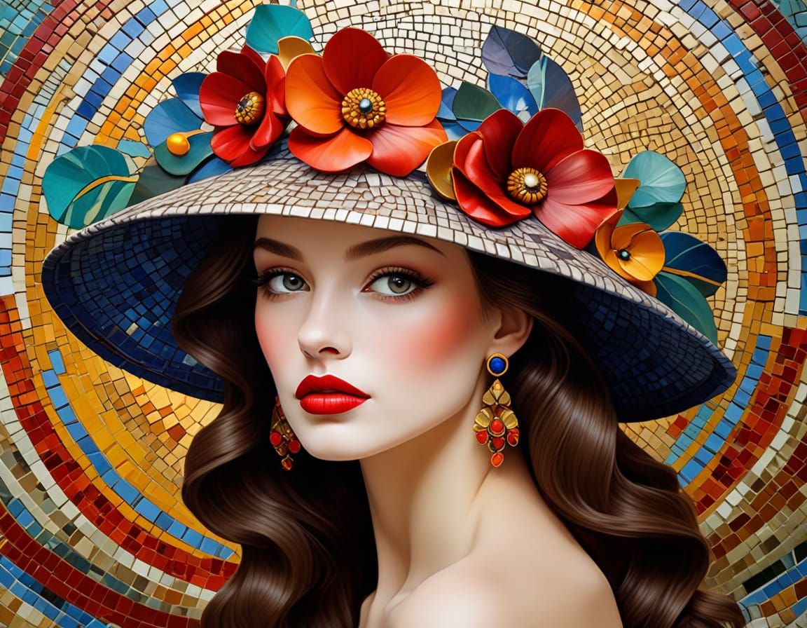 Glamorous Woman in Flower Hat: Art Nouveau Portrait