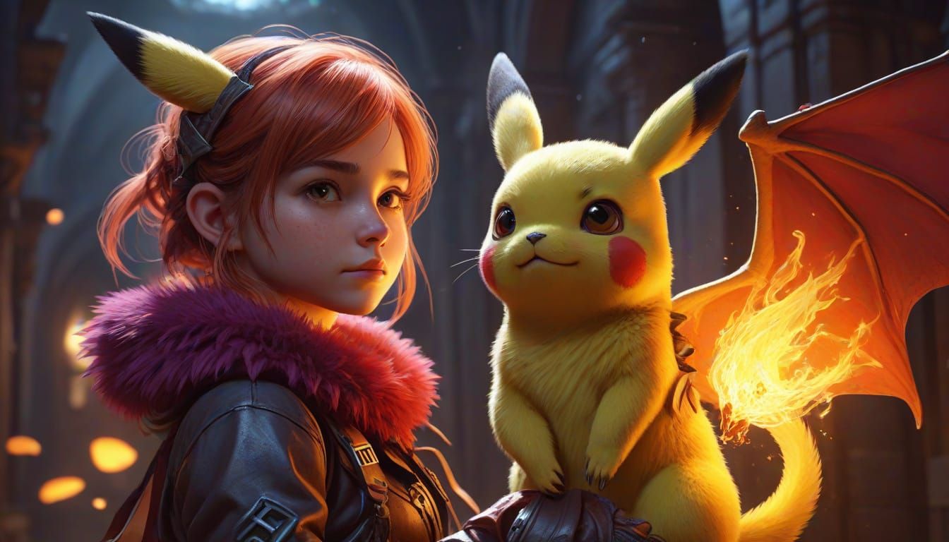 Heroic Red Dragon Child of Pikachu in Dark Fantasy