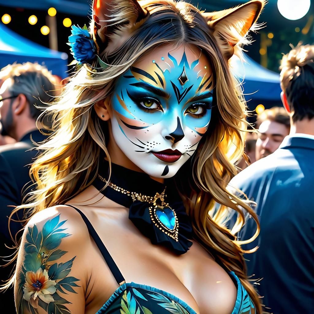 Woman with Cat Face Paint in Anime Style