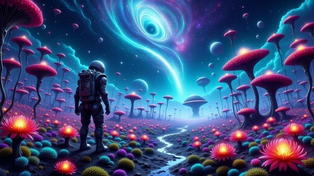 Astronaut on Bioluminescent Alien Planet