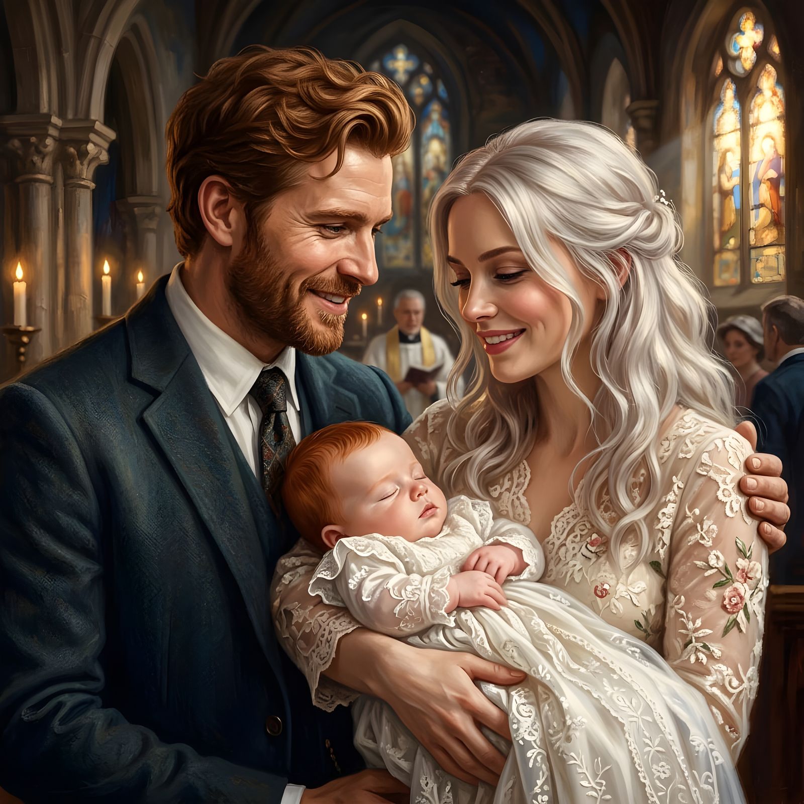 Family Christening Portrait with Auburn Father and Redheaded...