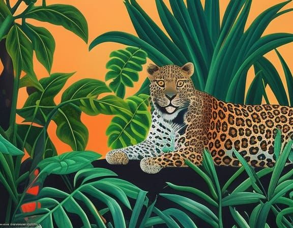 Leopard in Jungle Oasis: Naive Art Style