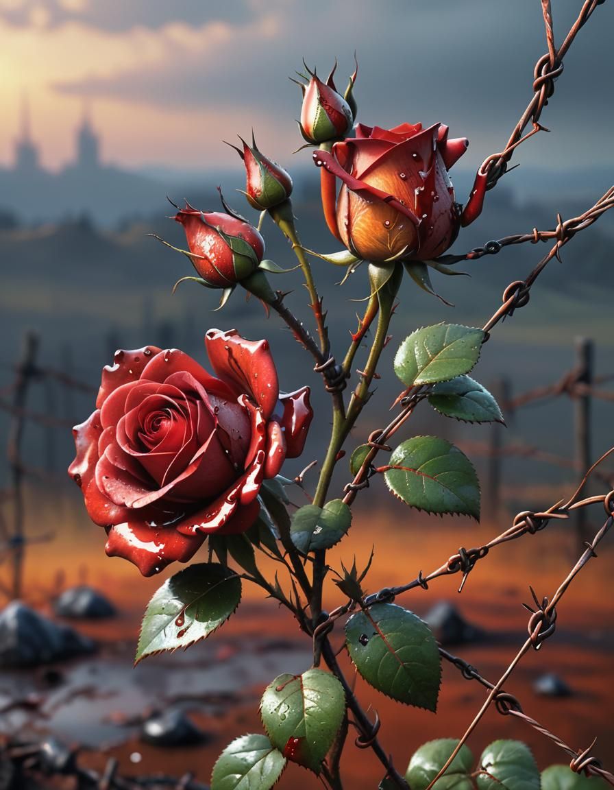 Blood-Stained Rose in Barbed Wire, 3D Still Life