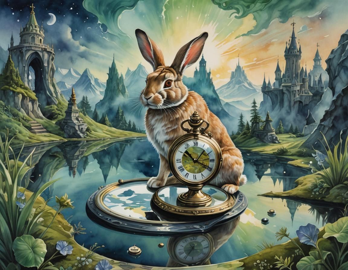 Surreal Rabbit in Dreamlike Watercolor Landscape