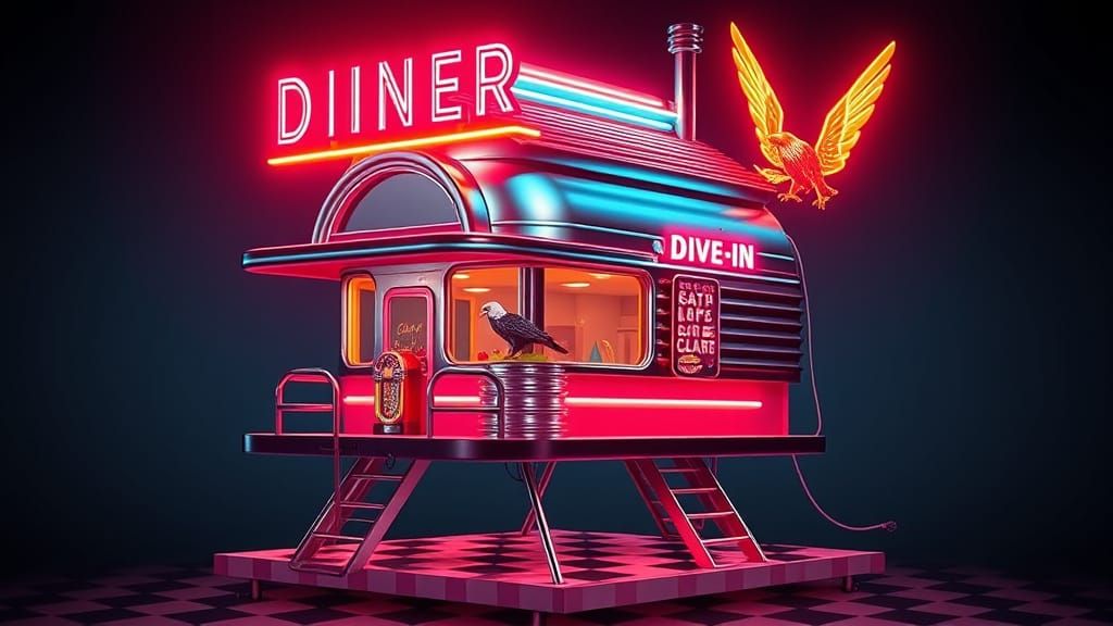 Neon Diner Birdhouse in Retro-Futuristic Style