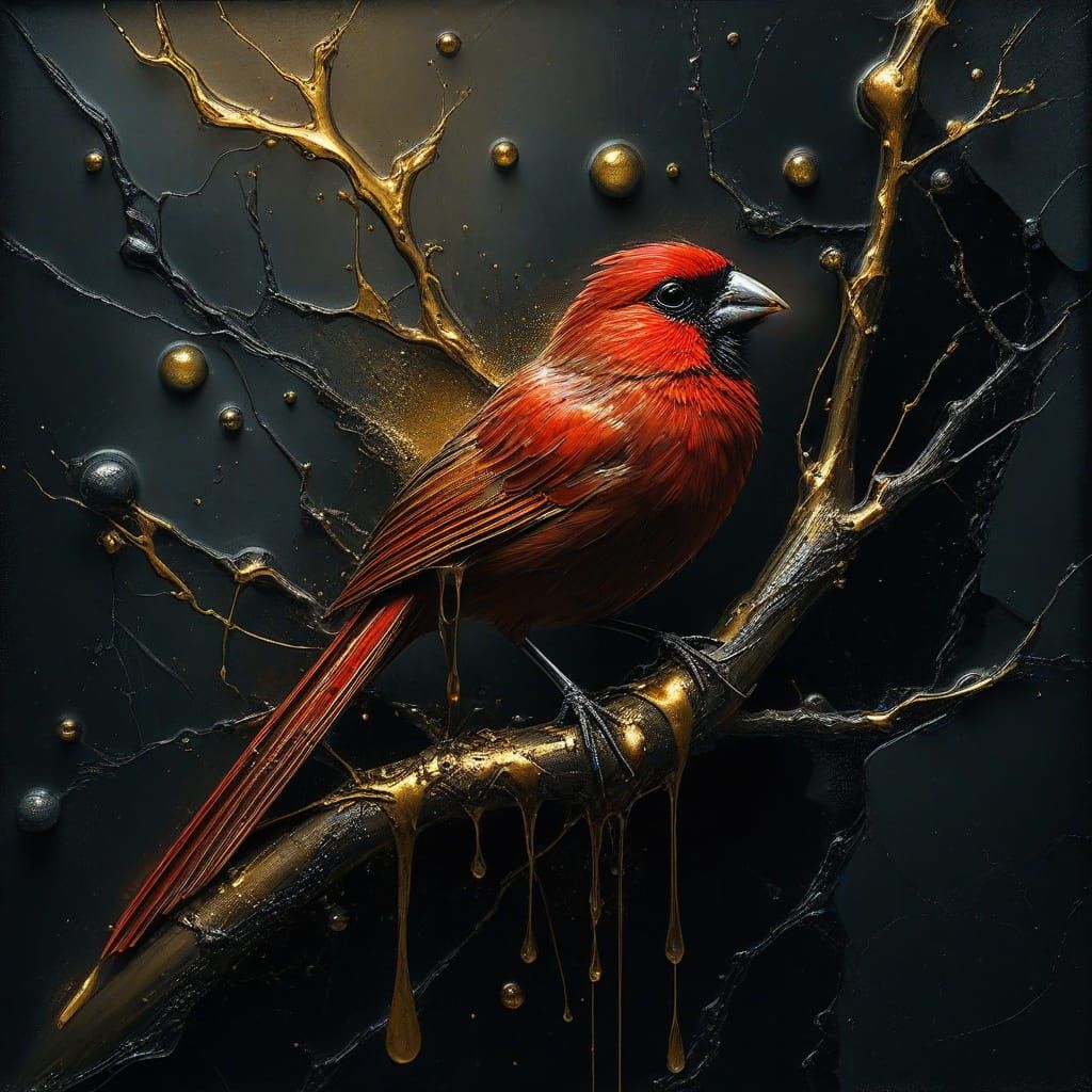 Golden Ink Cardinal in Hyperrealistic Metal Texture