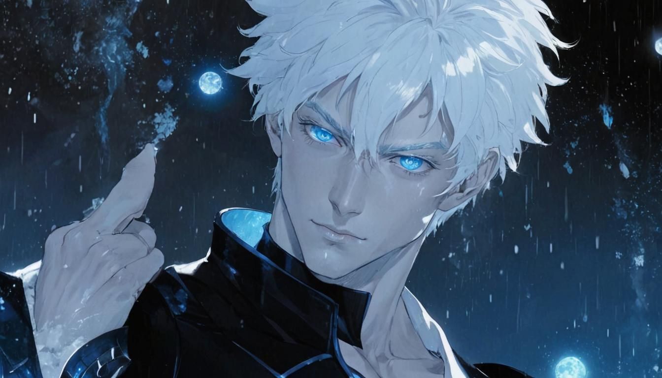 Attractive Man with White Hair and Blue Eyes