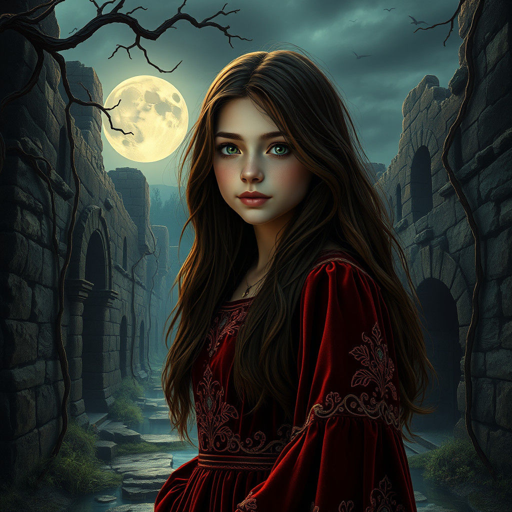 Italian Girl in Moonlit Tuscan Landscape, Fantasy Art