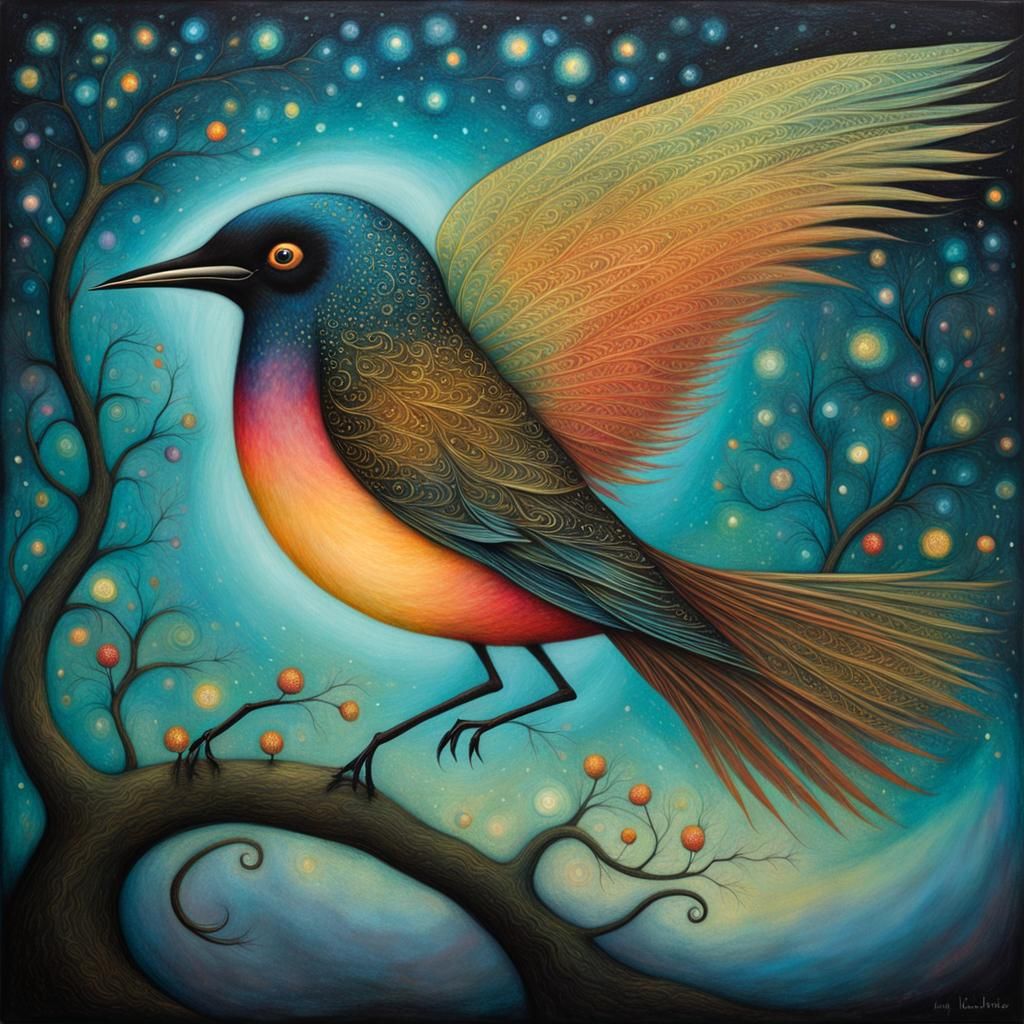 Iridescent Bird in Dreamlike Fantasy Art Style