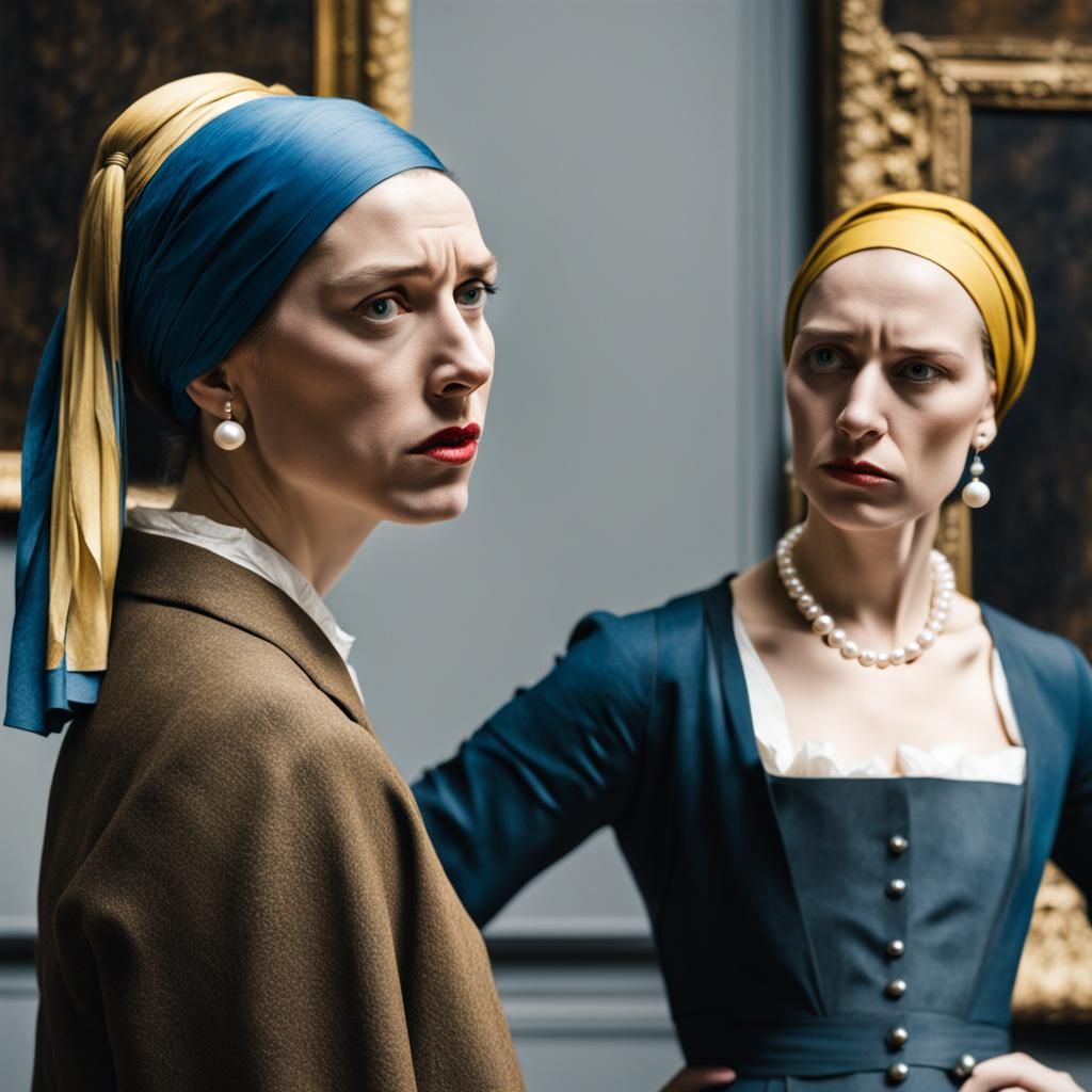 Girls with Pearl Earrings in Museum Confrontation