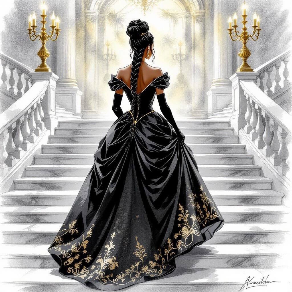 Black Cinderella in Gold Gown on Ballroom Steps