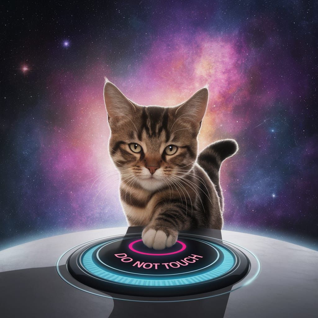 Cartoon Cat Hesitates in Cosmic Sci-Fi Realm
