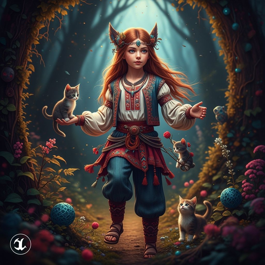 Girl with Kittens in Whimsical Forest, Matte Painting