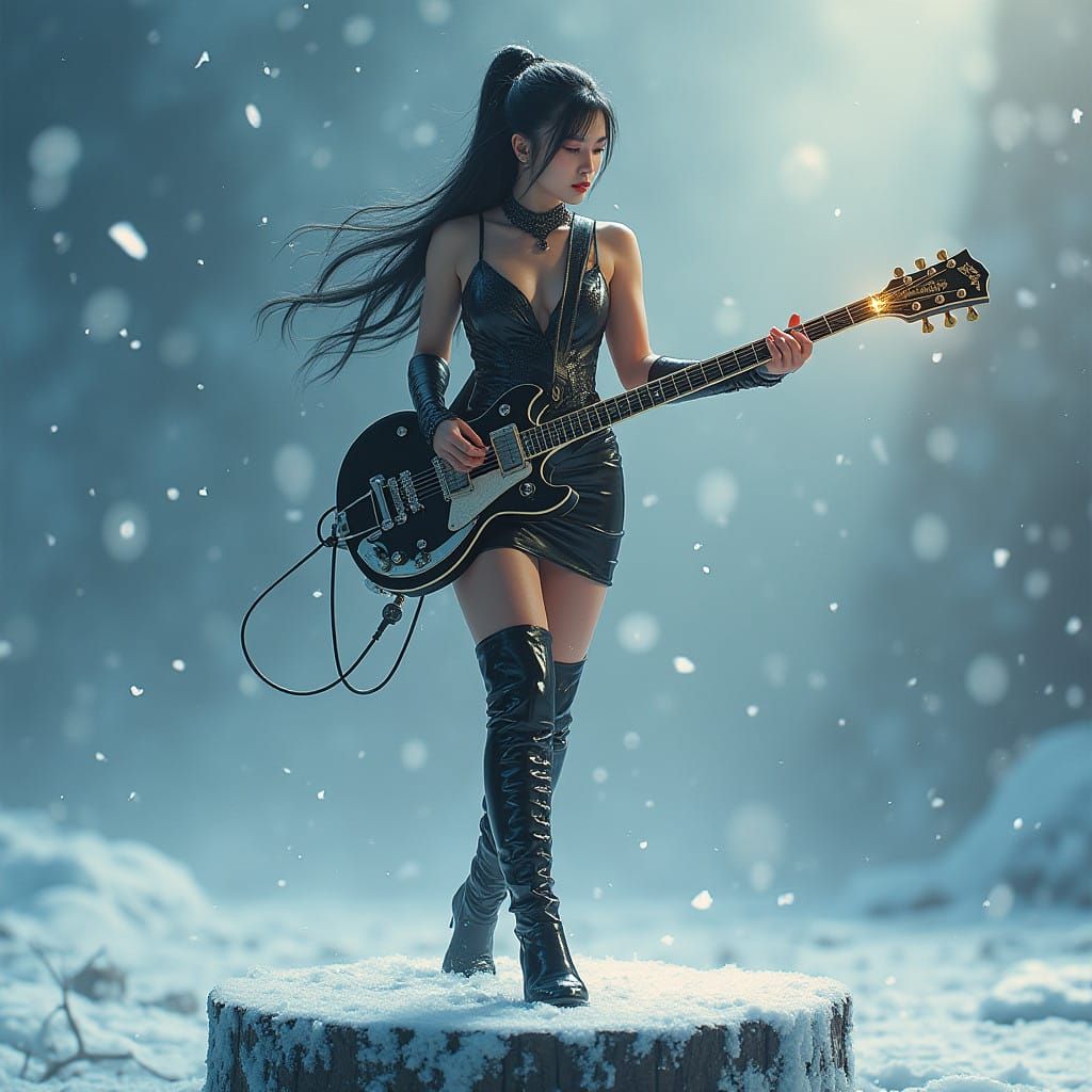 Sultry Winter Goddess Shreds Guitar on Arctic Podium