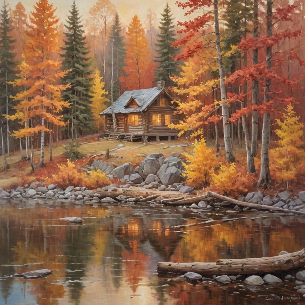 A serene forest in the style of Bob Ross with trees in vibrant shades of orange, red, and yellow surrounds a gentle, win...
