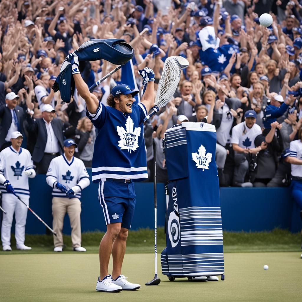 Triumphant Hockey Player Celebrates with Golf Gear