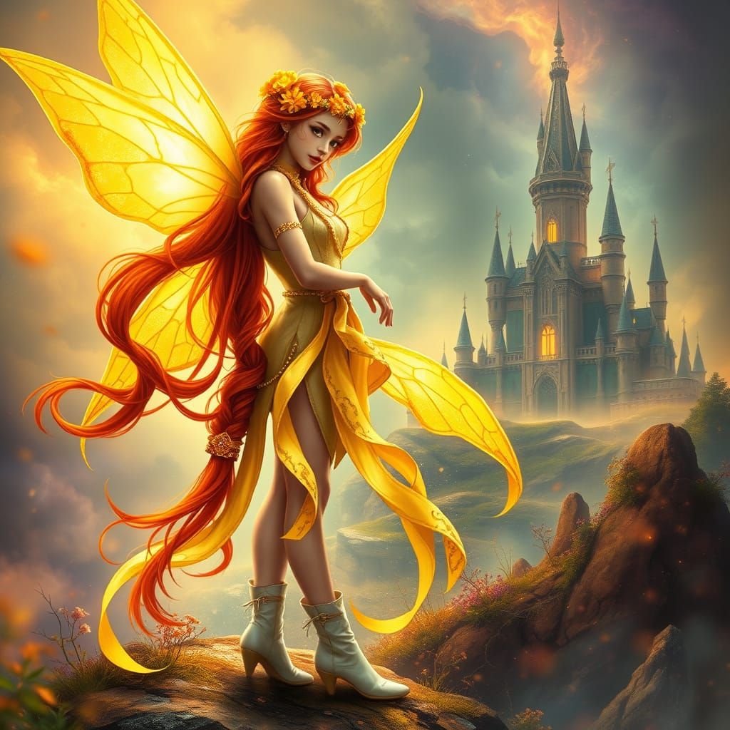 Ethereal Fairy in Dreamlike Landscape with Majestic Castle