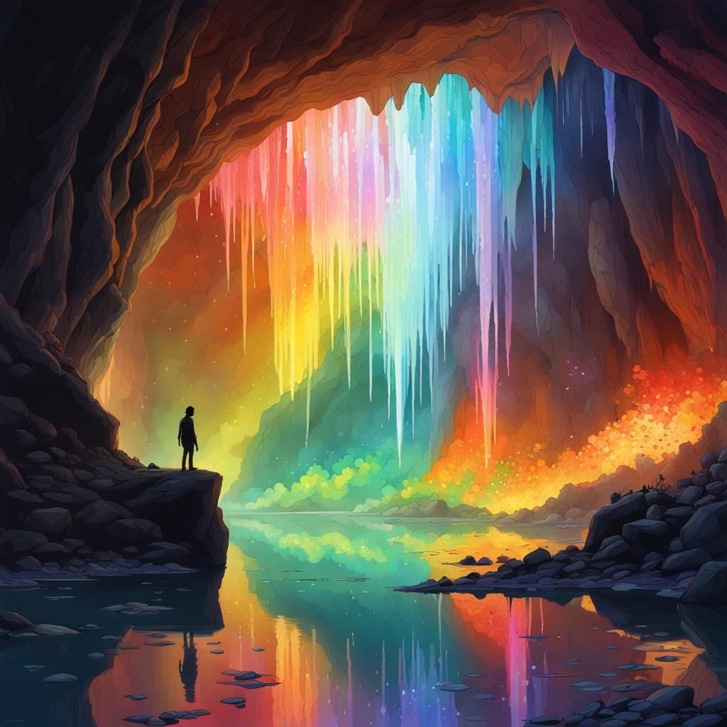Rainbow Crystal Cave with Fireflies: Fantasy Art