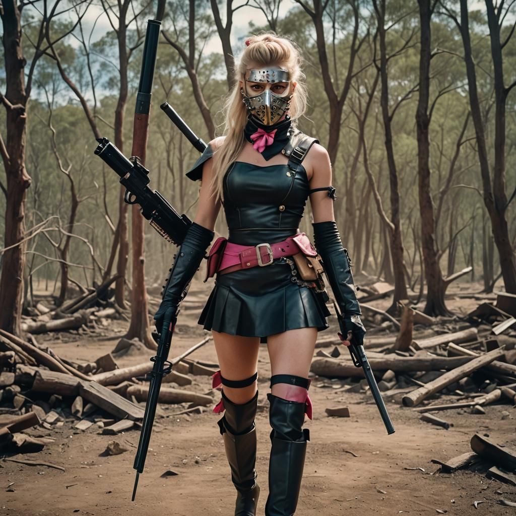 Fierce Woman in Mask with Guns: Mad Max Aesthetic