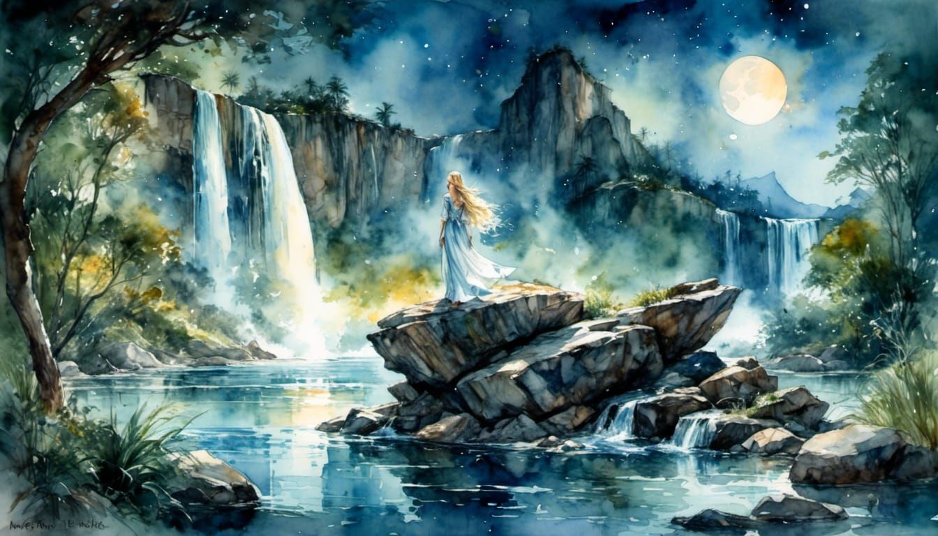 Galadriel in Ethereal Lagoon: Romantic Oil Painting