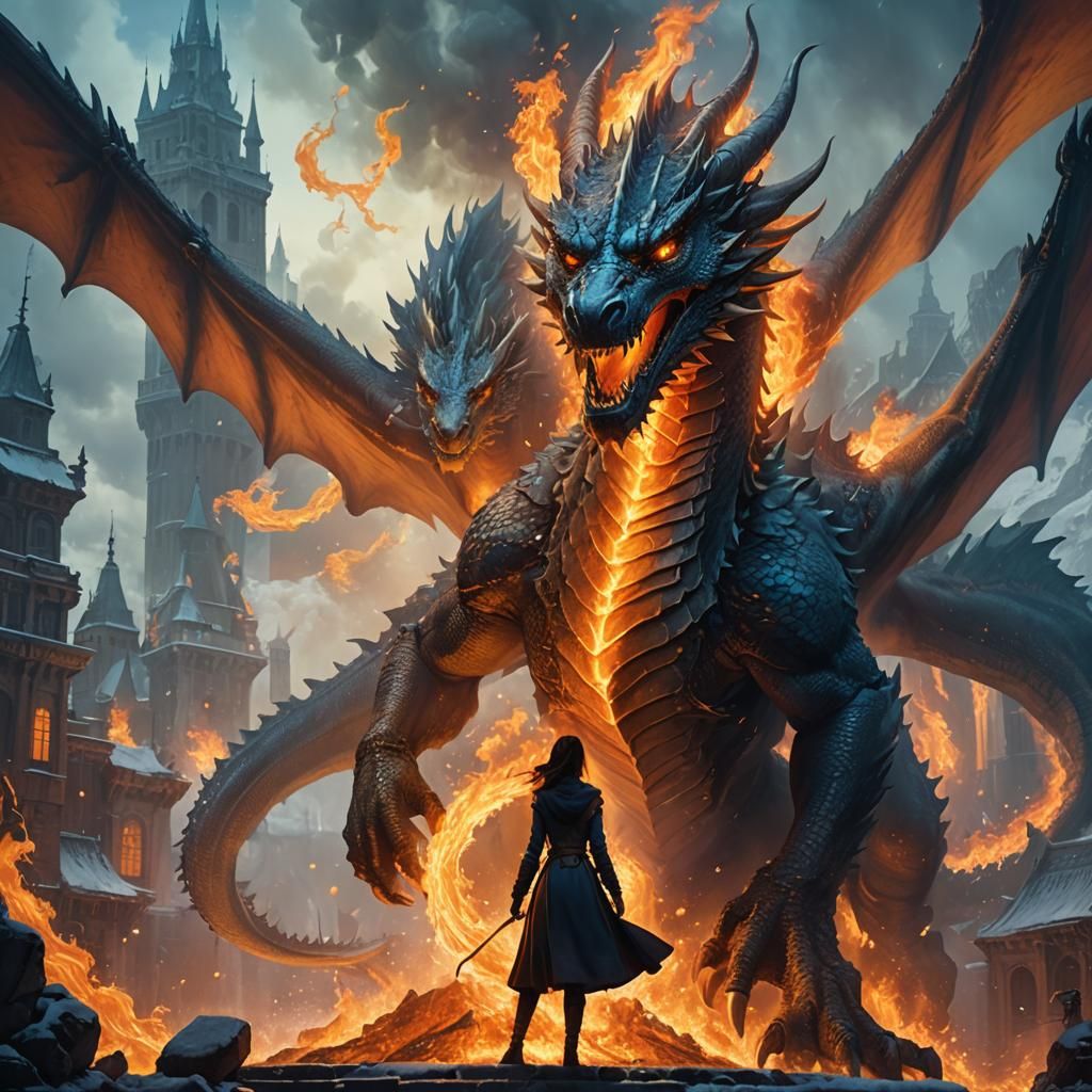 Dragon's Fire Warms a Shivering Girl: Fantasy Art
