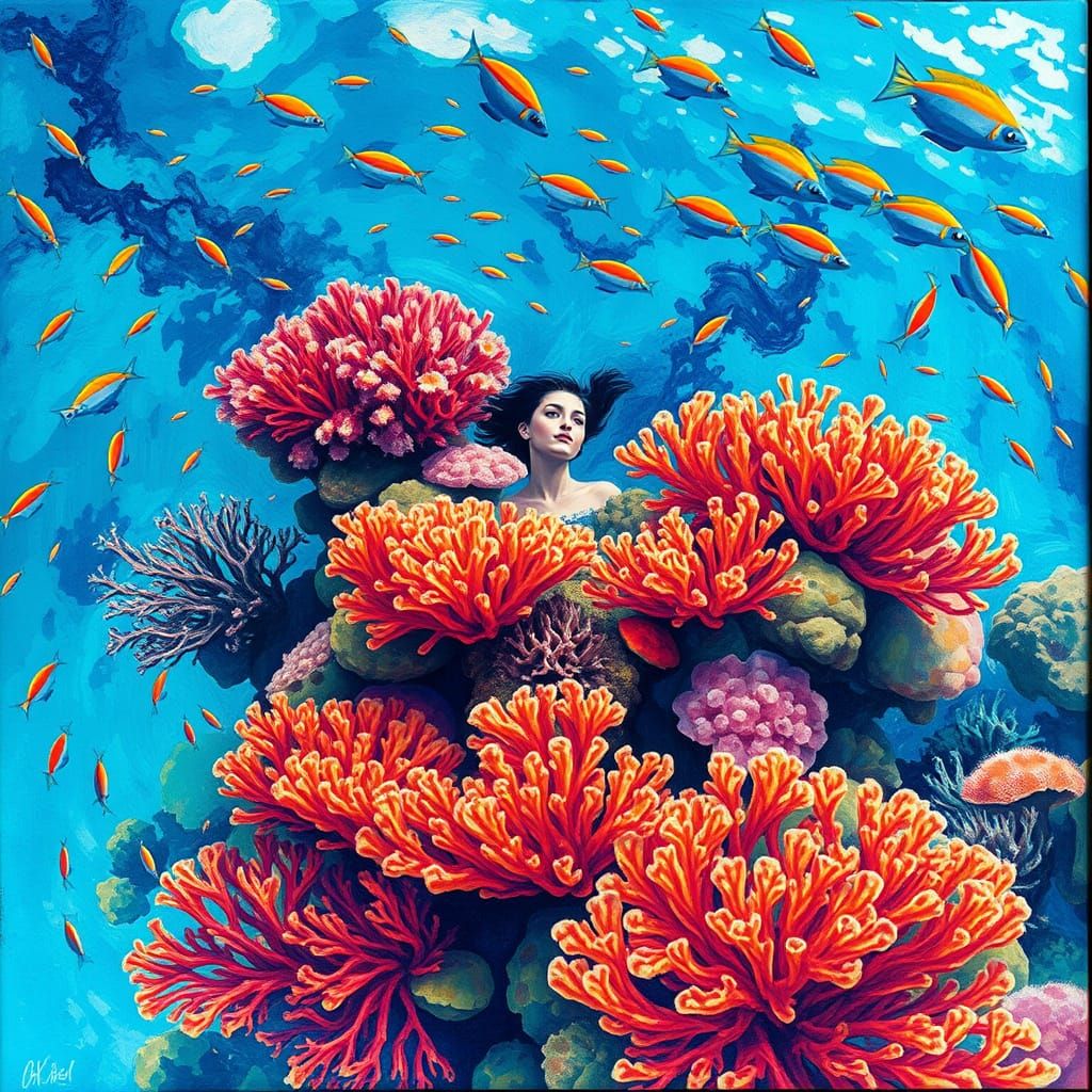Vibrant Underwater Epic: Woman Amidst Turquoise Coral Reef