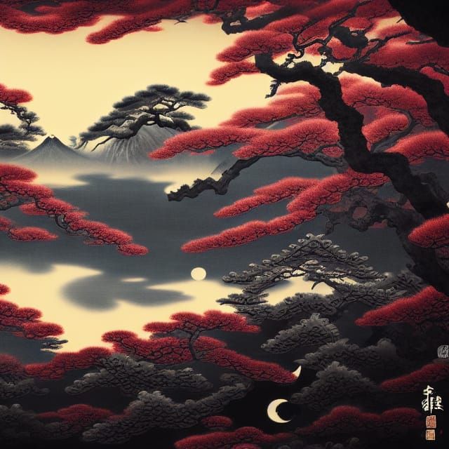 Japanese Ink Landscape with Yin Yang Symbol