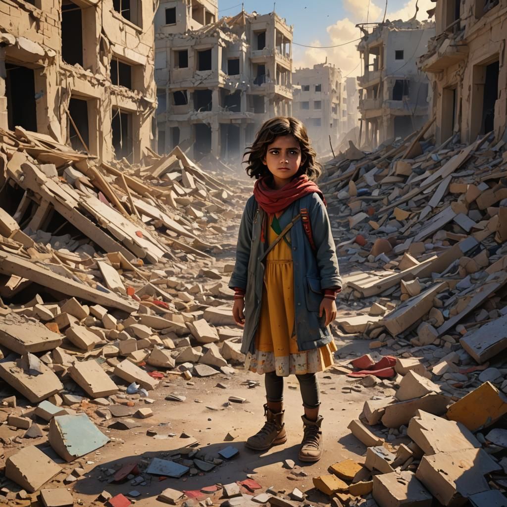 Hope Amidst Ruins: Gaza Girl in Detailed Concept Art