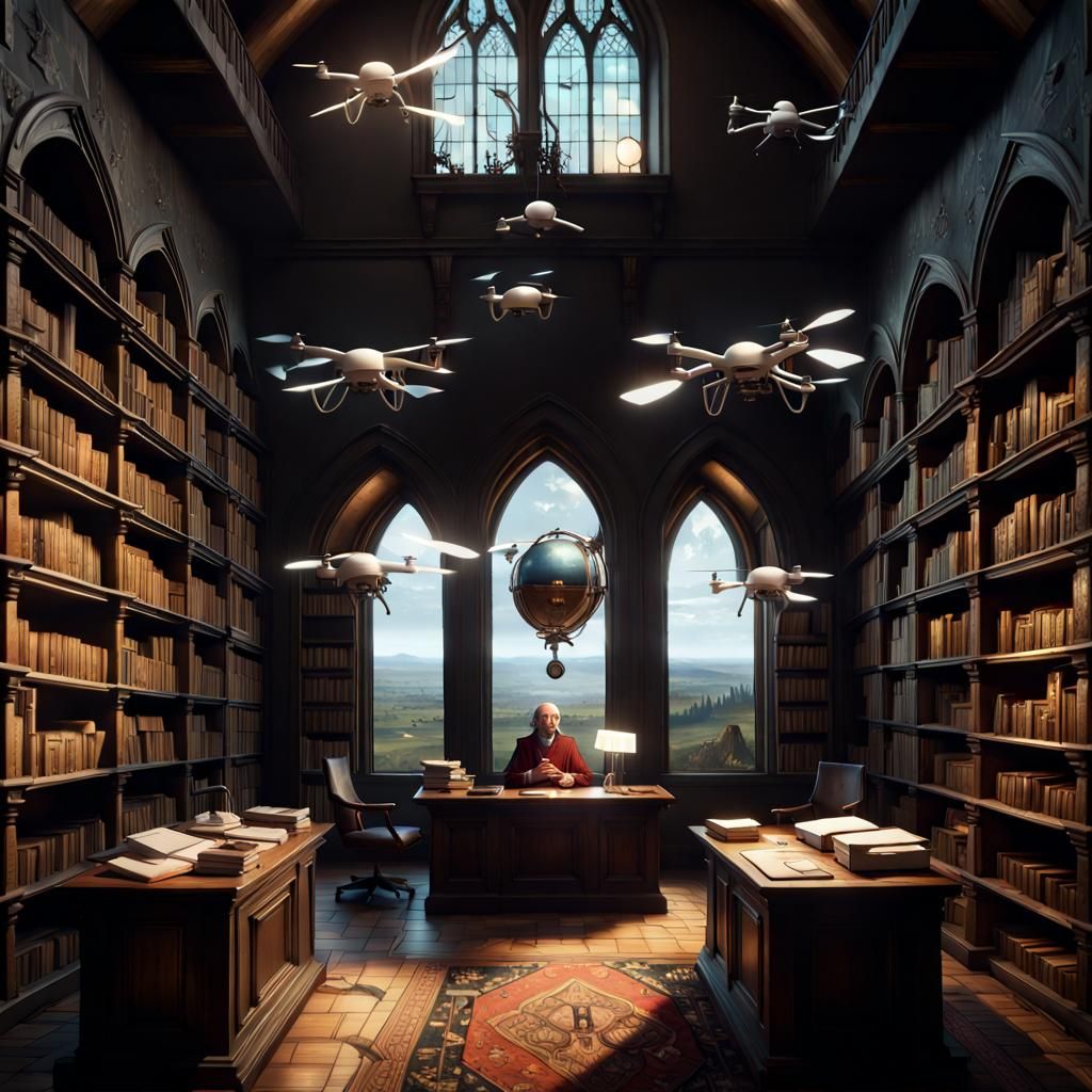 The Old Librarian in a medieval castle with sci-fi drones flying