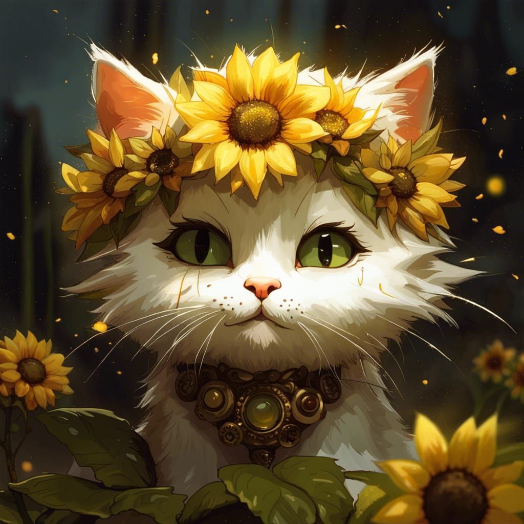 Chibi Cat with Sunflower Petals, Detailed 3D Art