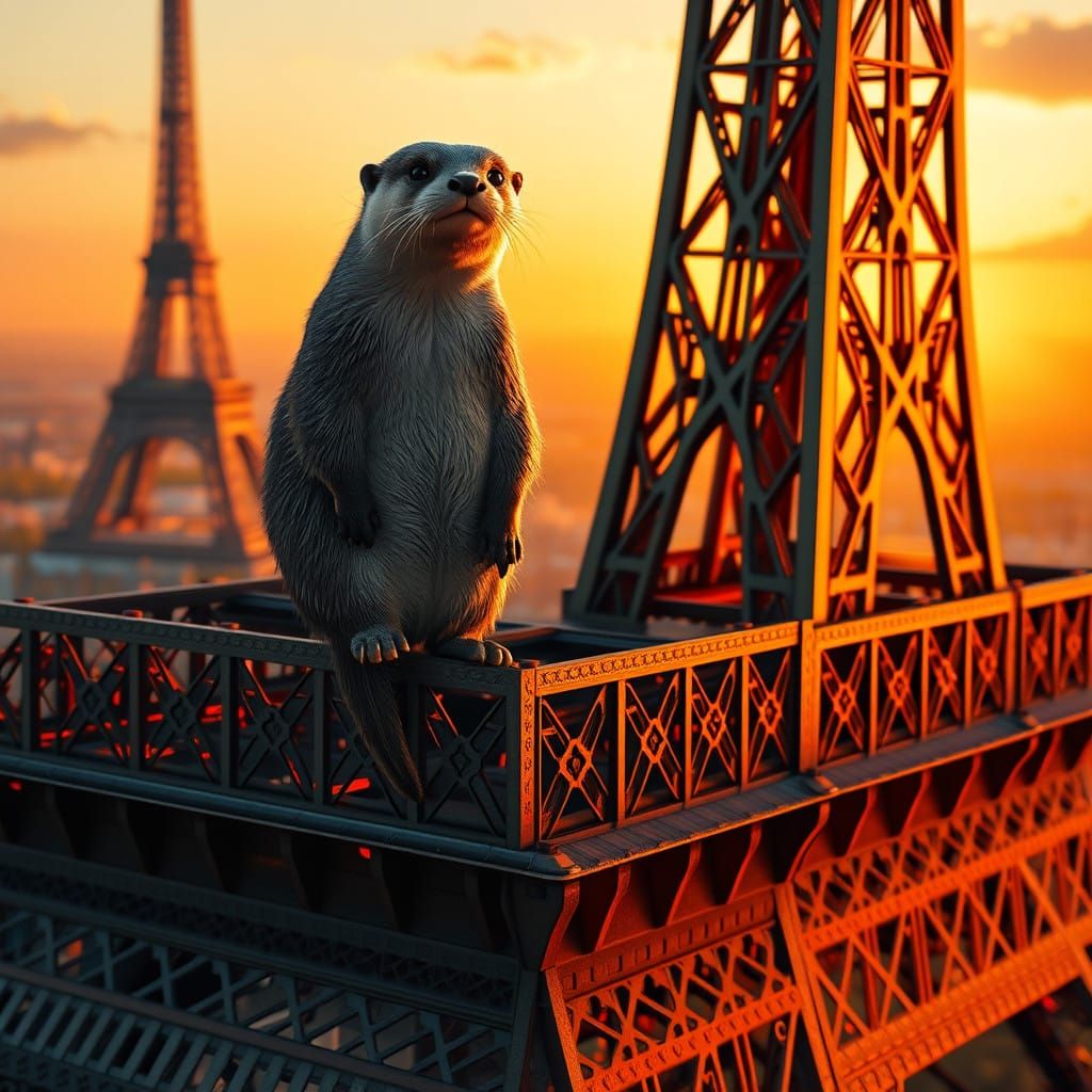 Otter Perched on Eiffel Tower in Vibrant Fantasy Concept Art