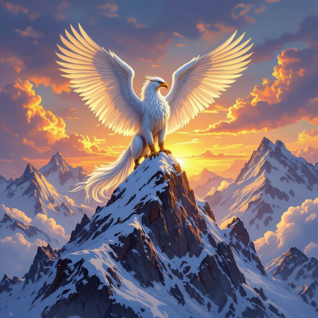 Golden Griffin Perched Atop Snowy Mountain Peak