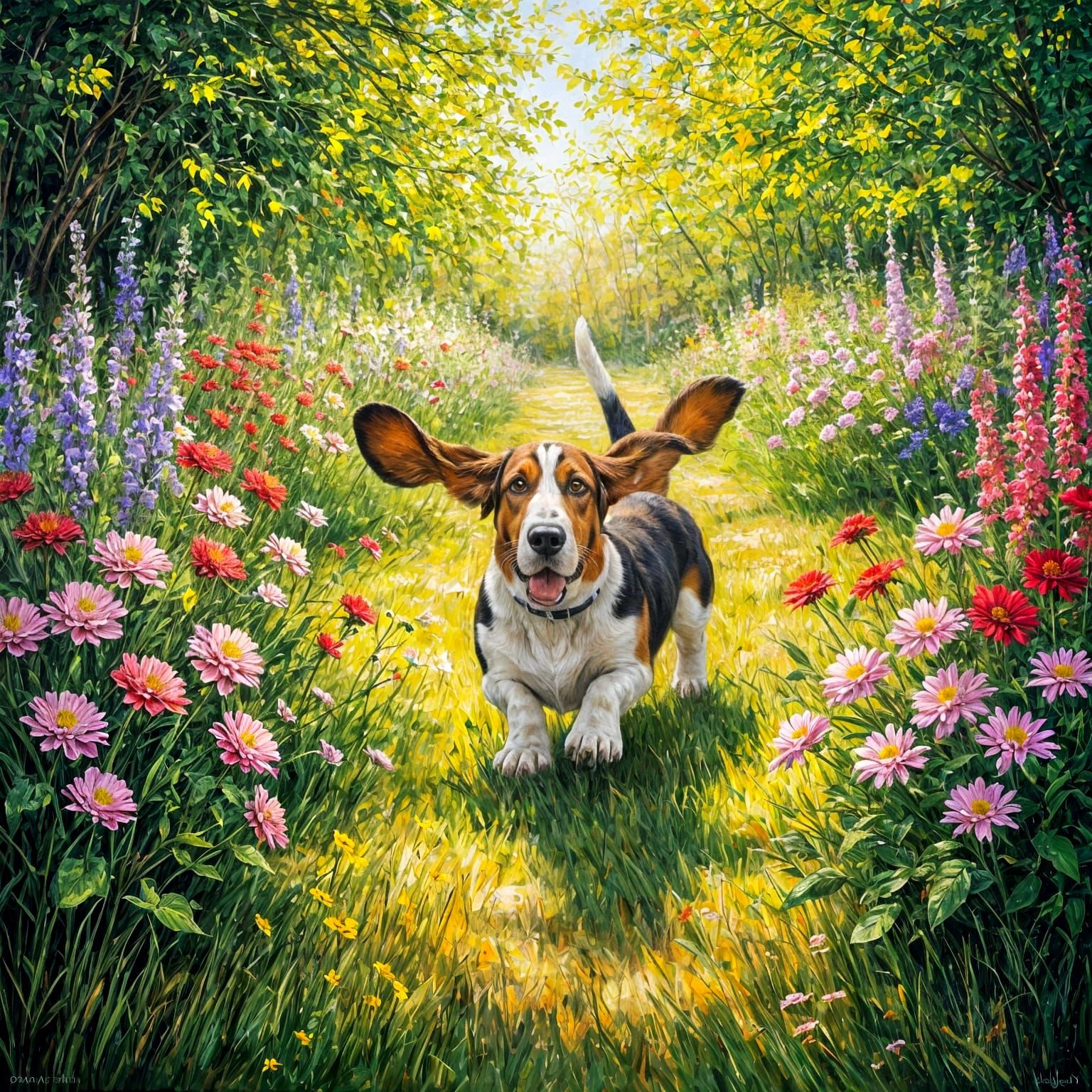Playful Basset Hound in Sunny Garden, Impasto Oil Painting