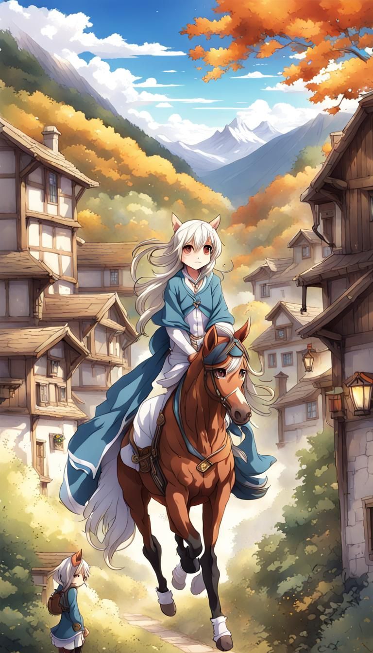 Anime Horse Race in Pyrenees Mountains