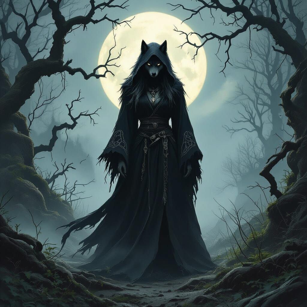 Werewolf Warlock in Moonlit Forest, Dark Fantasy Style