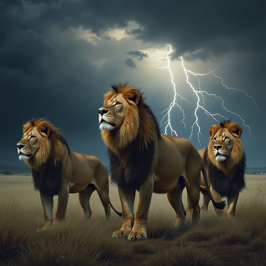 Regal Lions Stand Tall Amidst Turbulent Stormy Skies