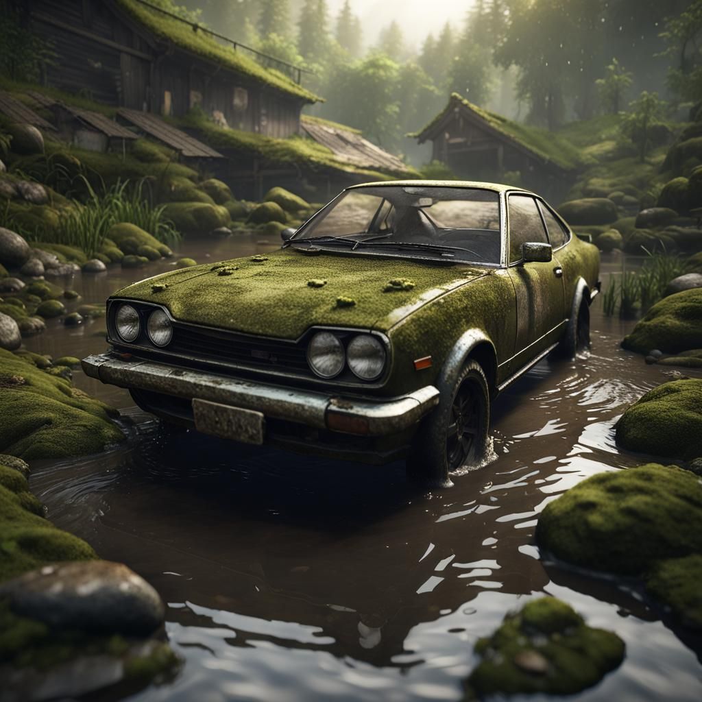 Nissan Silvia Spec R Rusting in Creek: 3D Render