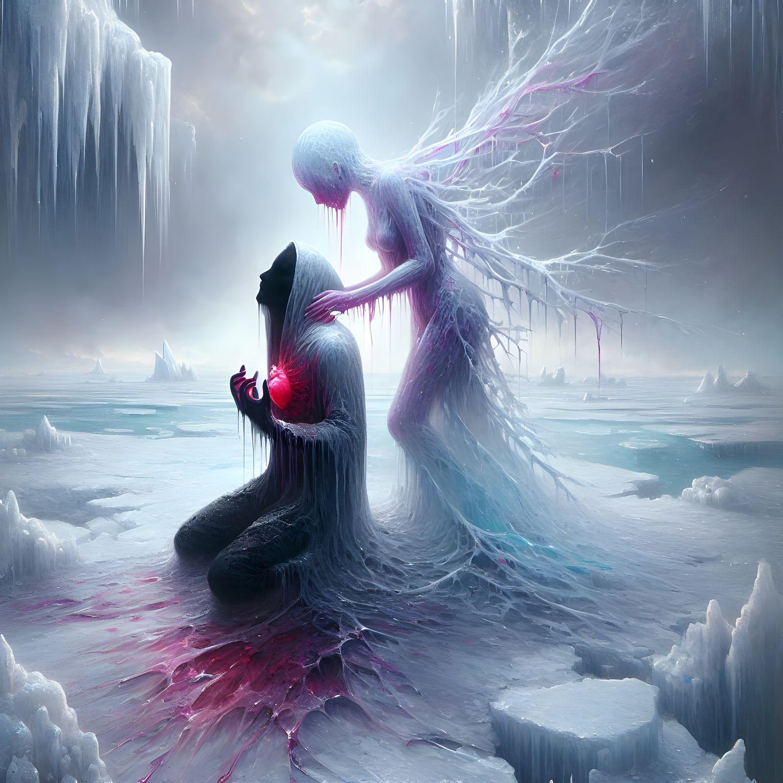 Melancholic Figure Embracing Ice: Conceptual Art