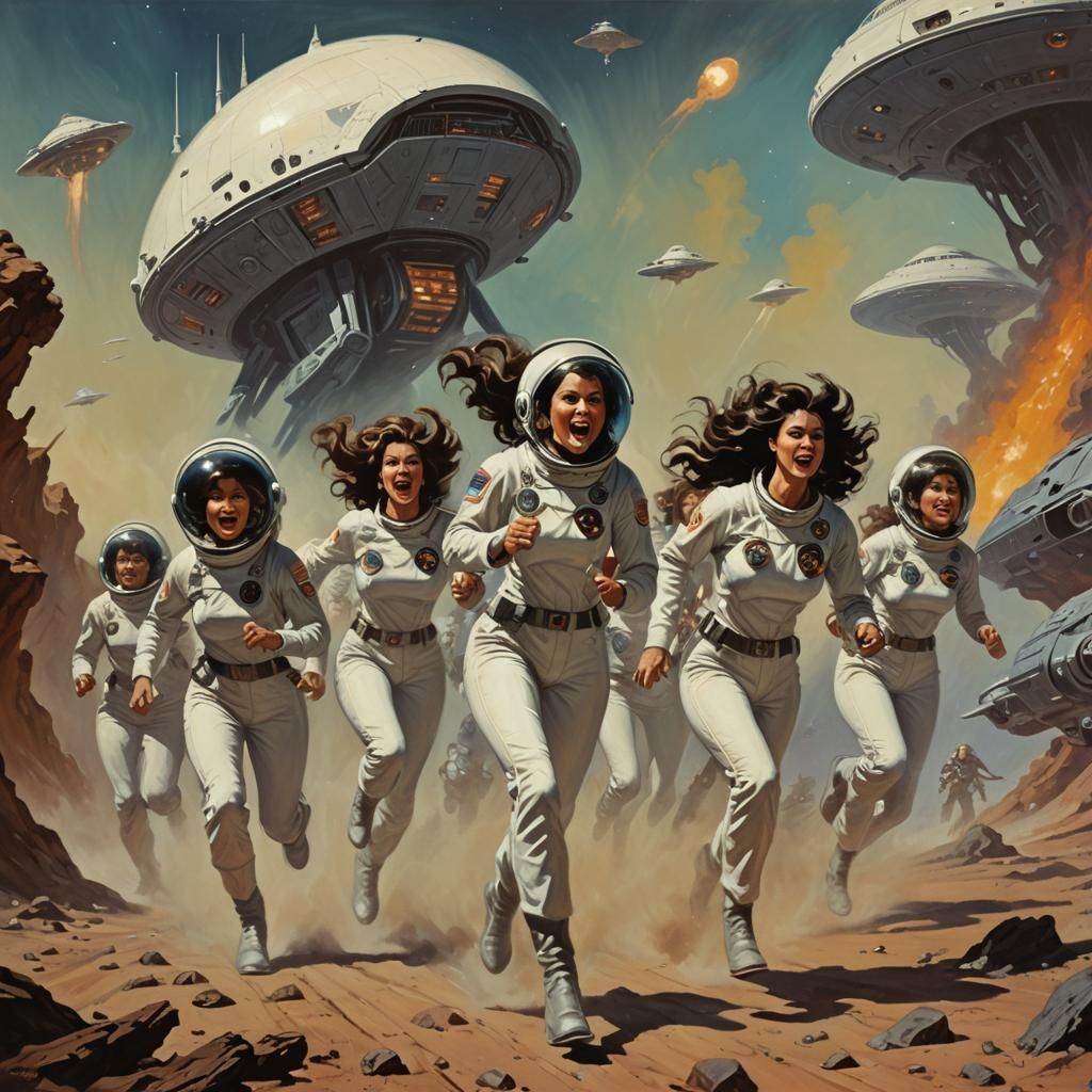 Astronauts Running from Spaceship in Fantasy Art Style