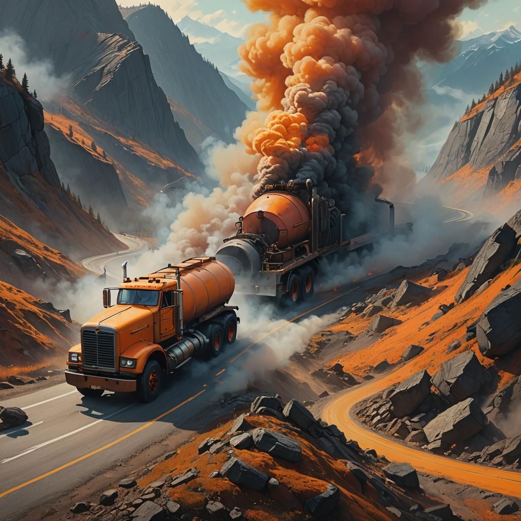 Tractor Trailer Truck on Mountain Road, Dystopian Art
