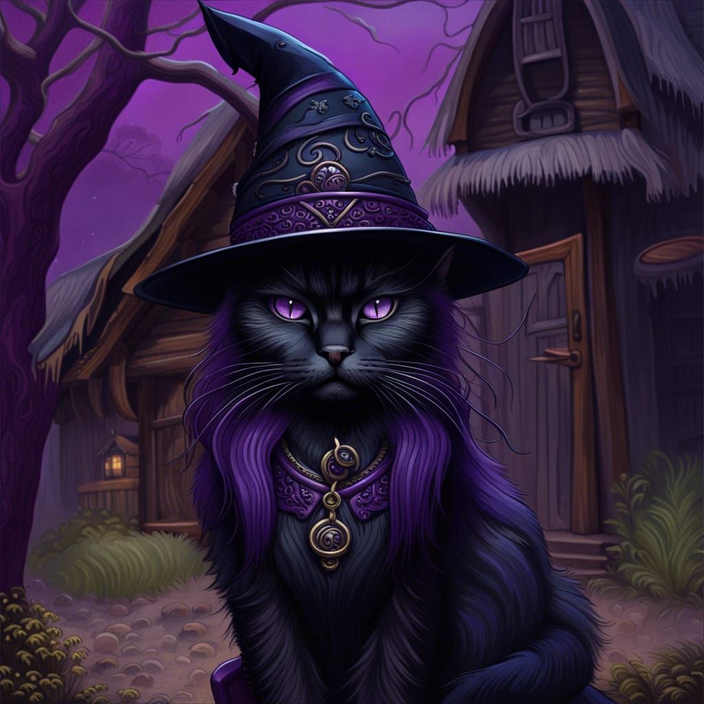 Hyperrealistic Cat Witch Near Baba Yaga's House