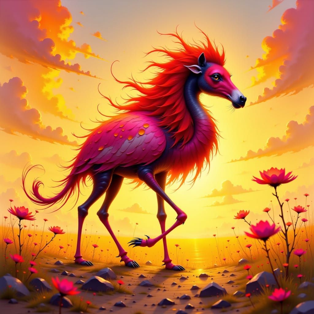 Fire-Flamingo-Giraffe Hybrid in Golden Sunset Savannah