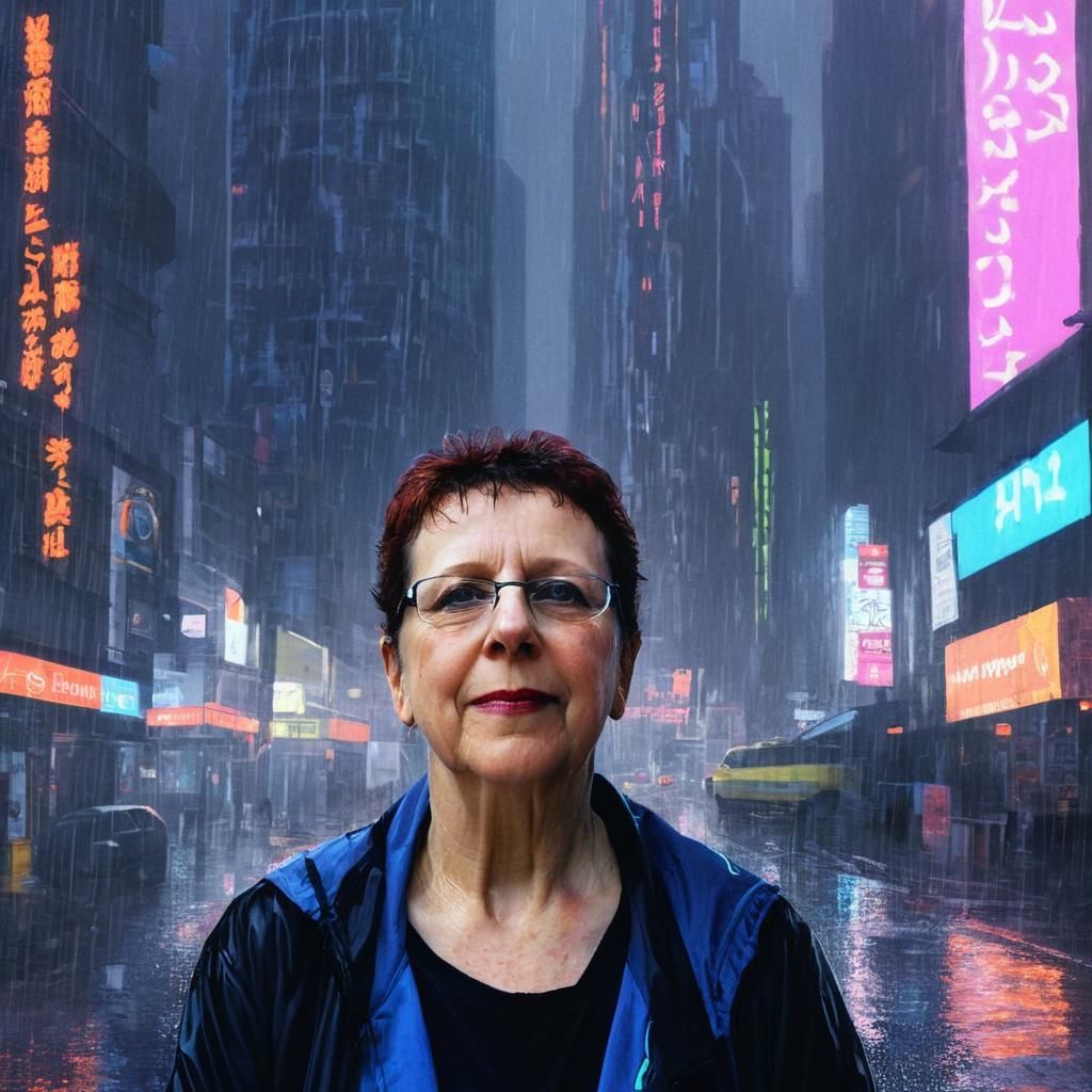 Cyberpunk Protagonist in Rainy Cityscape