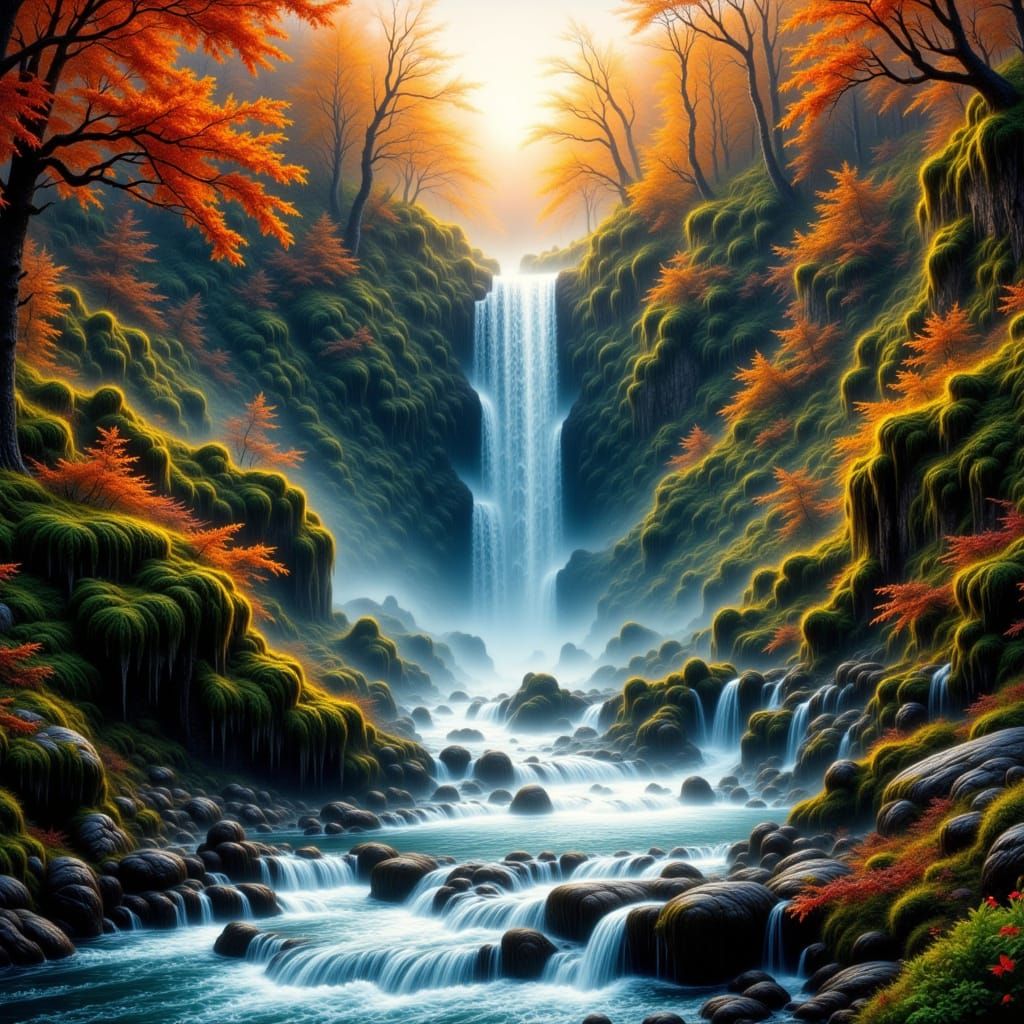 A breathtaking waterfall cascading down moss-covered cliffs, surrounded by a vibrant forest ablaze with autumn colors. G...
