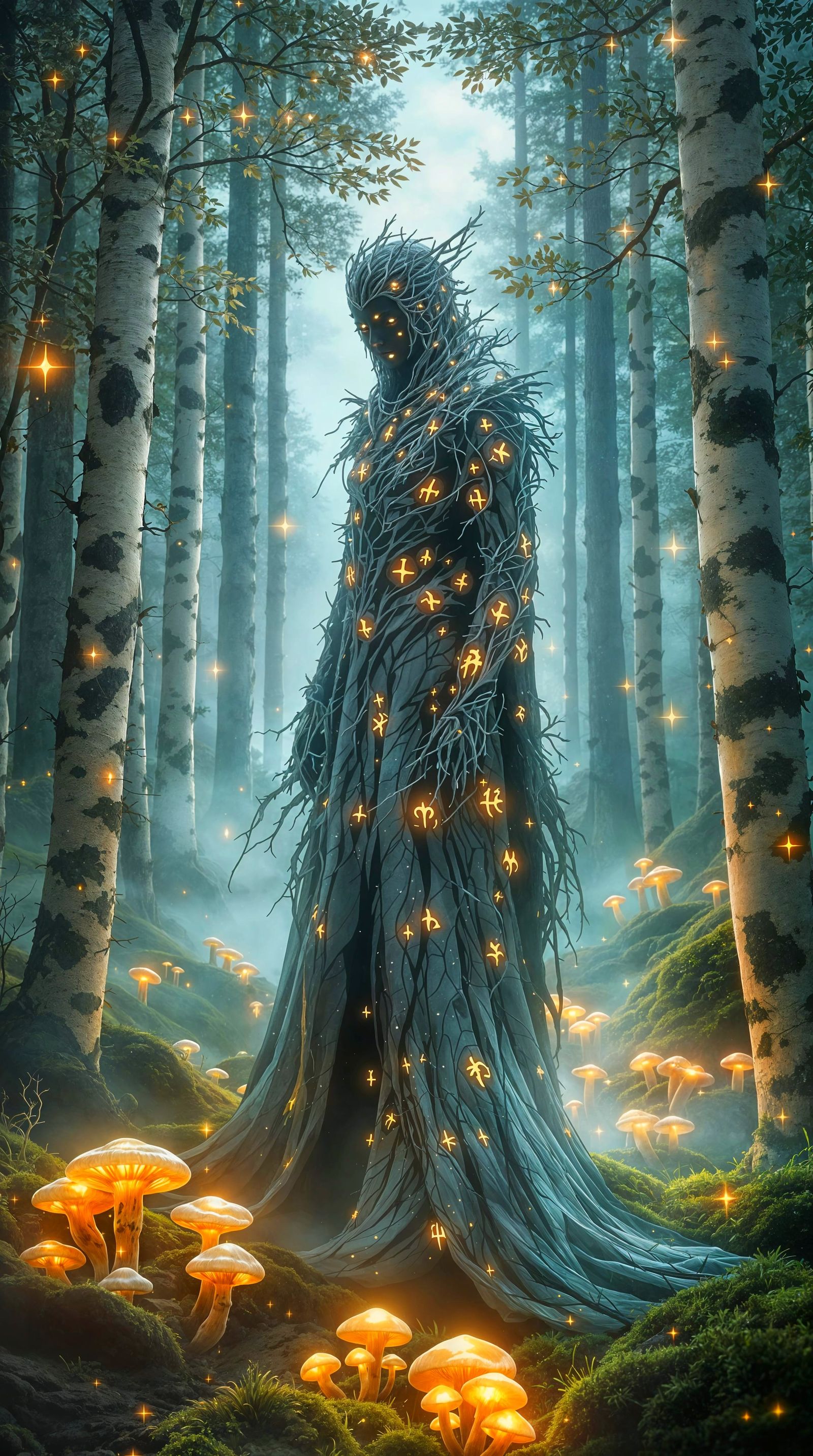 Neo-Symbolist Hulder Figure in a Softly Lit Forest Glen