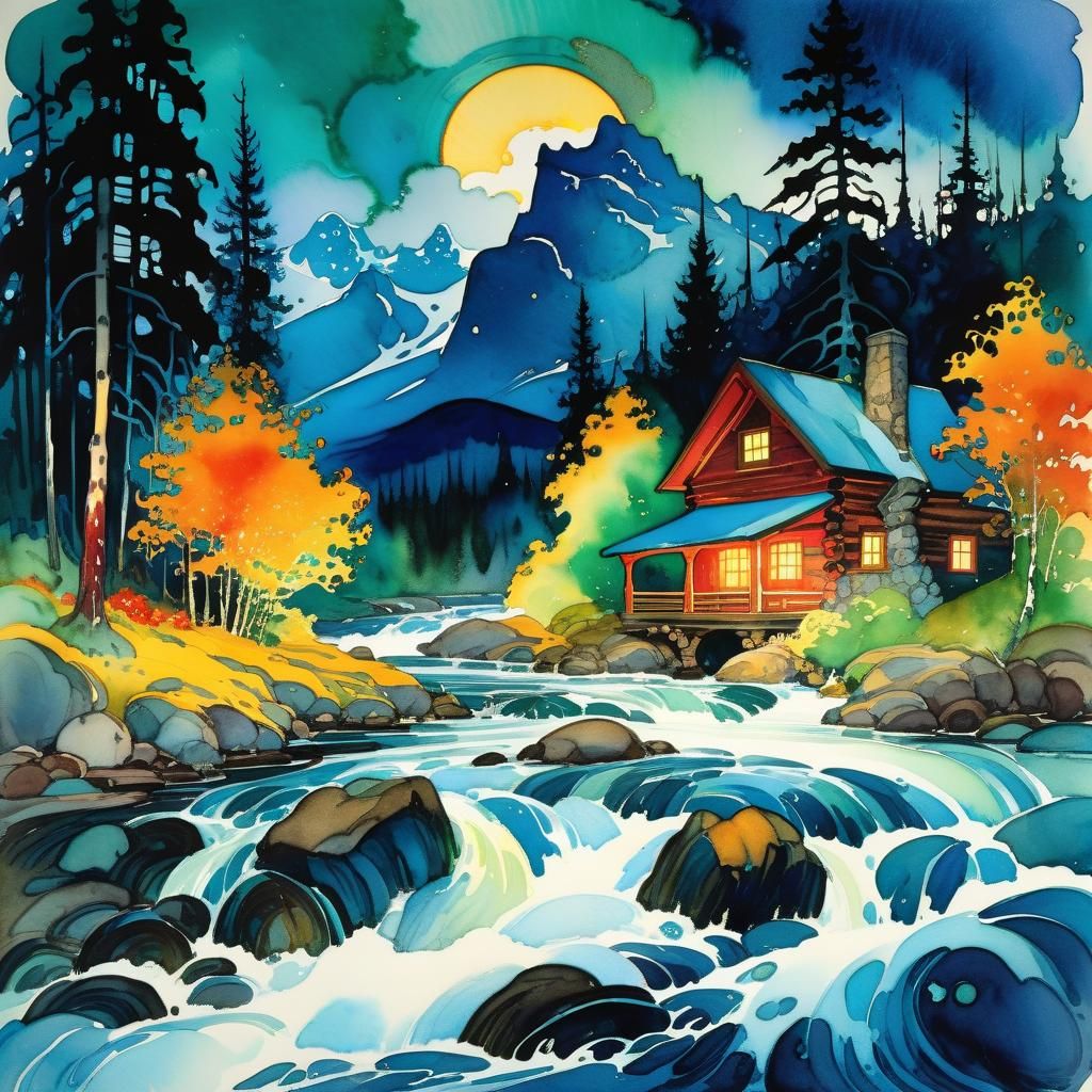 Alaskan River Watercolor Painting with Cabin