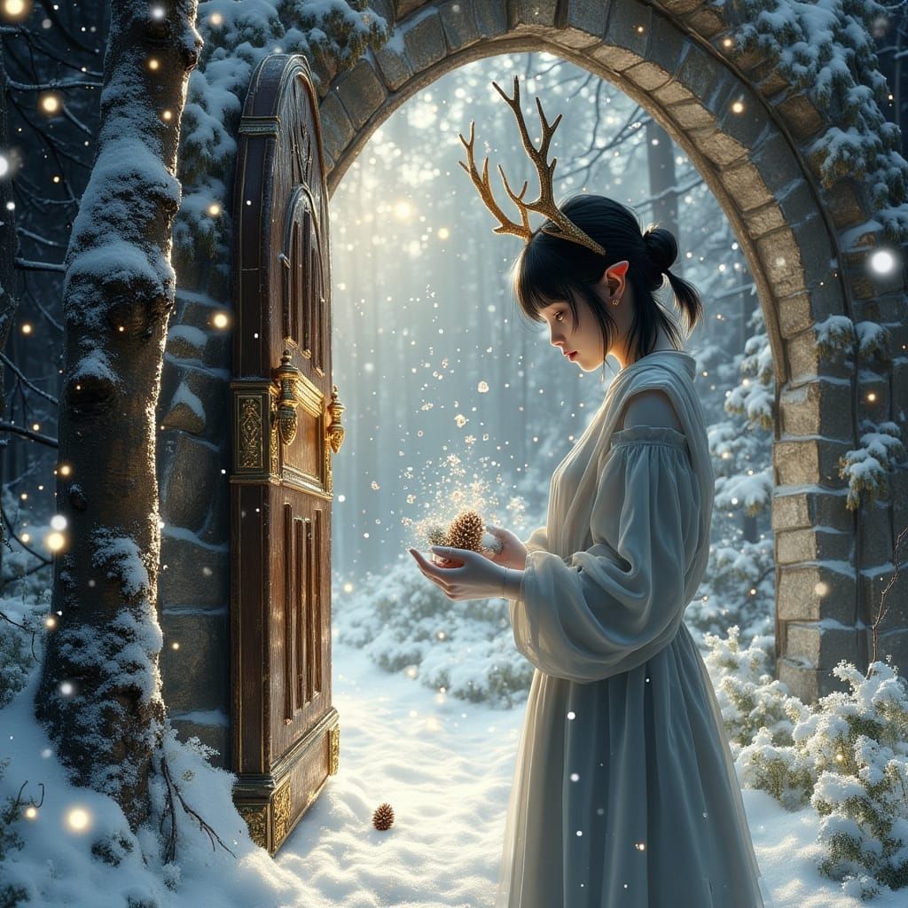 Mystic Winter Doorway Scene with Ethereal Figure