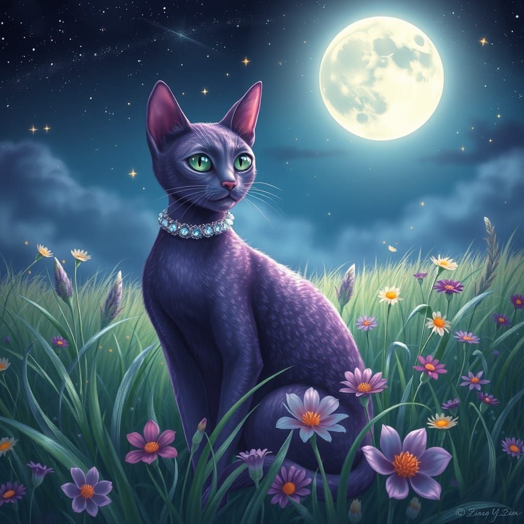 Purple Cat Under Full Moon in Whimsical Nighttime Scene