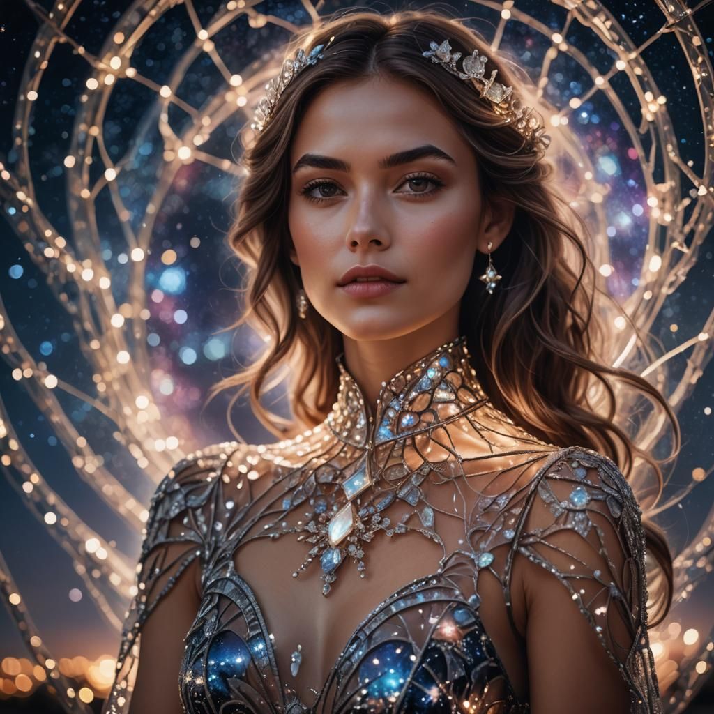 Woman in Transparent Glass Dress Against Night Sky