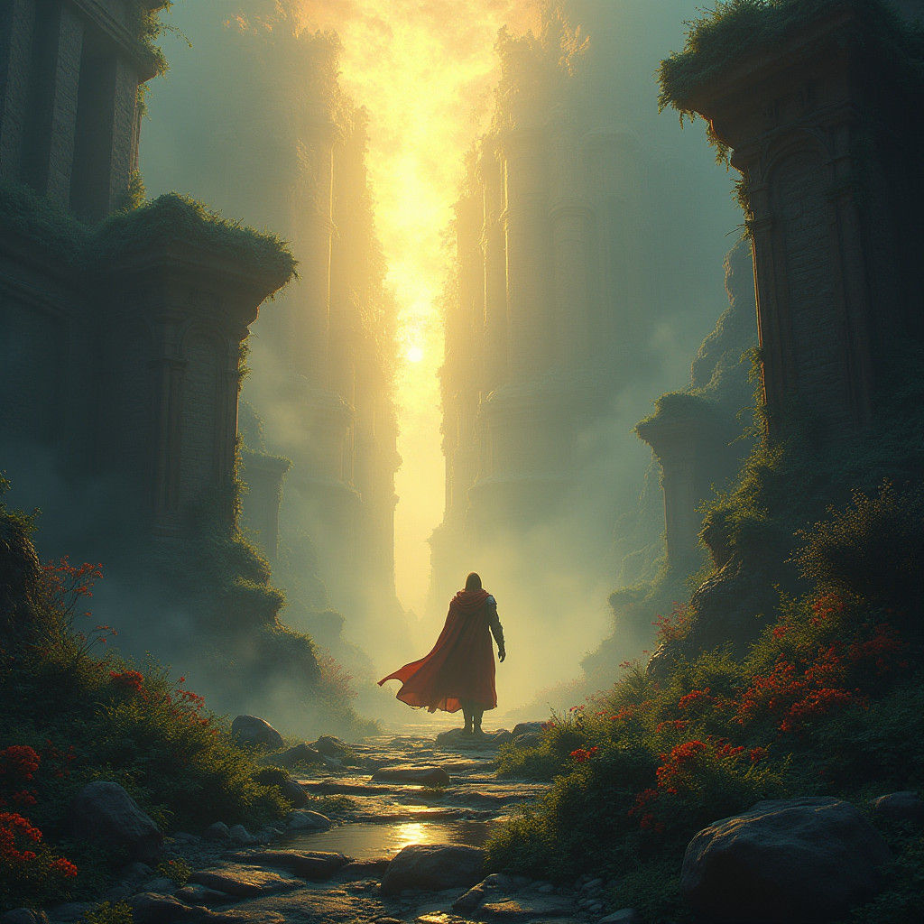 Epic Hero Rising from Ancient Ruins in Matte Painting